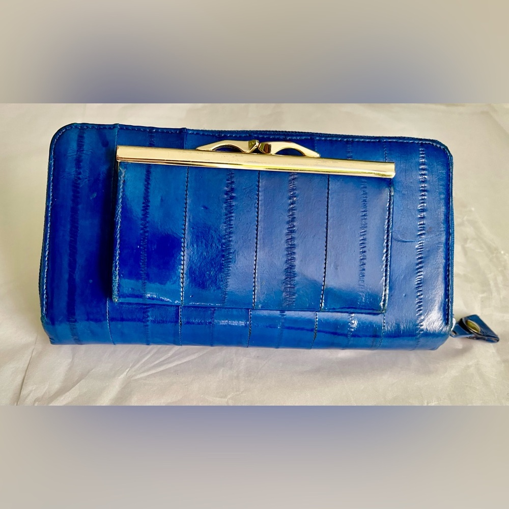 Rare Royal Blue Eel Leather Gold Accents Clutch Wallet